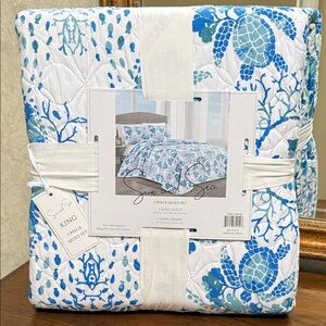 Blue and White Sun & Sea King 3 piece Quilt Set. Turtles and sea motif.